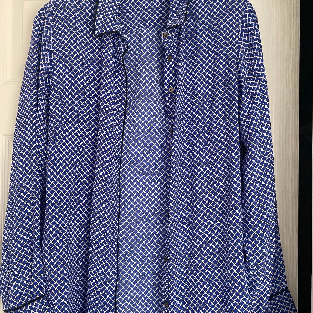 Club Monaco Blue & White Geometric Print Long Sleeve Blouse Size M